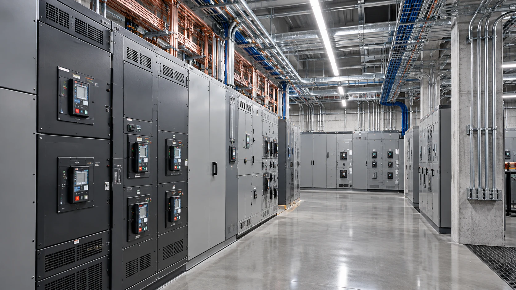 Representative commercial electrical switchgear and distribution room